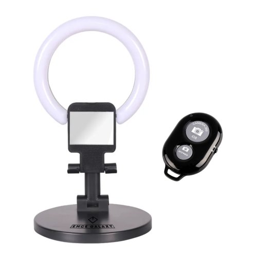 Lampa ringlight cu telecomanda universala bluetooth, suport telefon, tableta, distanta 10m, compatibil ios / android, pliabil, 3 moduri lumina, diametru 16cm, selfie, sustinere puternica, rotire 360, negru