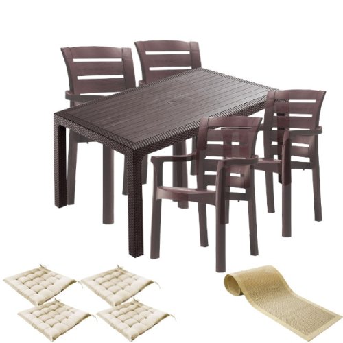 Mobiler terasa set culinaro palmse imitatie ratan, masa 90x150x75cm, 4 scaune d60xh90xw57xsh45cm polipropilena/fibra sticla maro, 4 perne scaun, traversa
