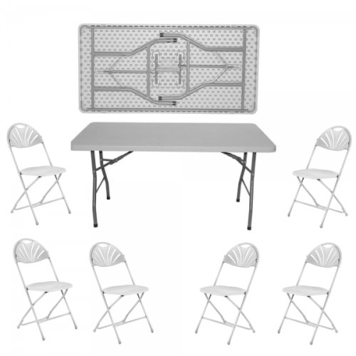 Raki set masa plianta dreptunghiulara pentru evenimente, catering 152x76xh73,5cm cu blat complet si 6 scaune pliante 39x40x87cm
