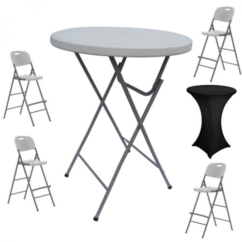 Raki set masa plianta rotunda inalta catering d80xh110cm cu 4 scaune pliante inalte 45x79x123cm si husa elastica neagra