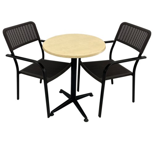 Set 2 scaune campman cu brate, maro, masa rotunda d60cm agma horeca maple cu blat werzalit si baza culoare negru clasic