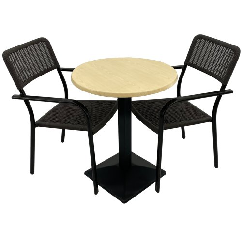 Set 2 scaune campman cu brate, maro, masa rotunda d60cm agma horeca maple cu blat werzalit si baza metalica culoare negru