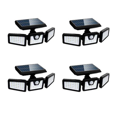 Set 4 lampi solare triple foxmag24, pentru exterior, cu senzor de miscare, rezistente la apa, 74 led-uri, 2400 mah, negru