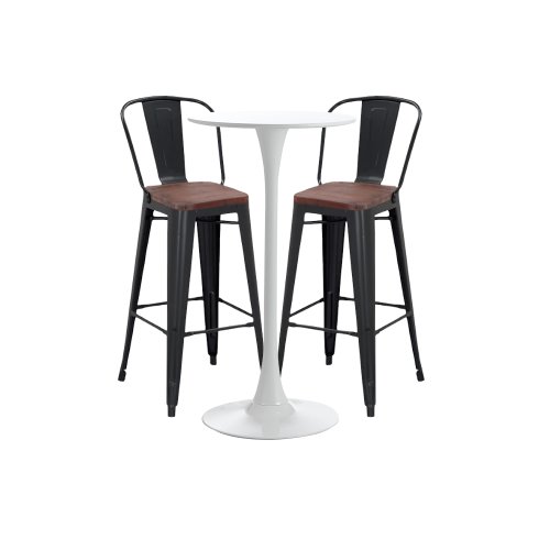 Set bar, cafenea, masa alba 60x101cm si doua scaune metalice negre cu spatar sezut lemn 46x43x107cm