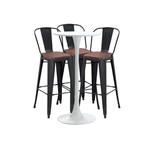 Set bar, cafenea, masa alba 60x101cm si trei scaune metalice negre cu spatar sezut lemn 46x43x107cm
