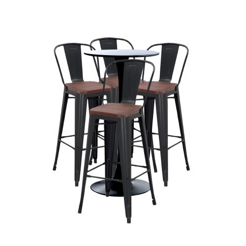 Set bar, cafenea, masa neagra 60x101cm si patru scaune metalice negre cu spatar sezut lemn 46x43x107cm