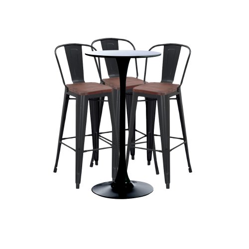 Raki Set bar, cafenea, masa neagra 60x101cm si trei scaune metalice negre cu spatar sezut lemn 46x43x107cm