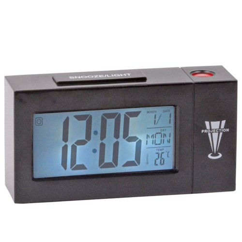 Set - ceas cu proiectie, cu alarma si termometru digital ds-618, functii snooze si voice control, negru + suport universal de birou pentru tablete sau telefoane