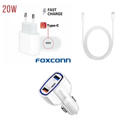 Set ,incarcator fast charge apple 20w pentru iphone 12,12pro,12 pro max +cablu de date fast charge 2m type-c-lightning + adaptor fast auto 7a
