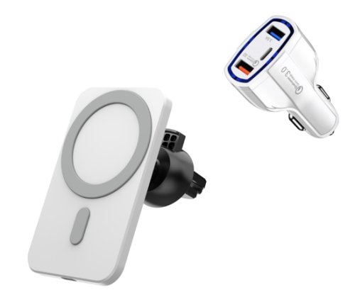 Set incarcator magnetic wireless car charger alb, pentru iphone 12/12 pro/12 pro max/12 mini, plus incarcator auto 7a