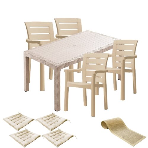 Set mobila gradina culinaro palmse imitatie ratan, masa 90x150x75cm, 4 scaune d60xh90xw57xsh45cm polipropilena/fibra sticla culoare cappuccino, 4 perne scaun, traversa