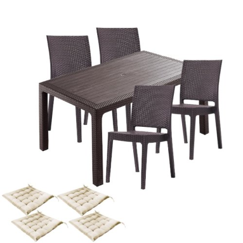 Set mobilier terasa culinaro juri imitatie ratan, masa 90x150x75cm, 4 scaune 59x44xh88cm polipropilena/fibra sticla maro, 4 perne scaun