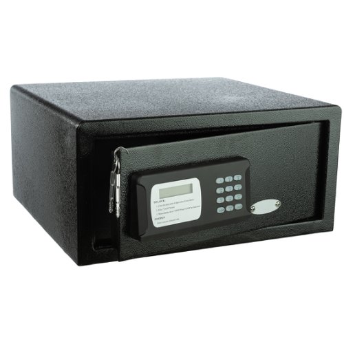 Set seif metalic cu cifru electronic si cheie emg372c-5, pentru acte, casa de bani, cutie de valori, 410x370x200 mm, negru + suport universal de birou pentru tablete sau telefoane