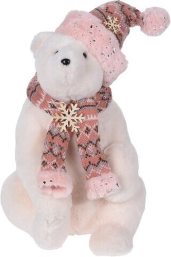 Excellent Houseware Decoratiune polar bear, 21x22x35 cm, sintetic, roz/alb