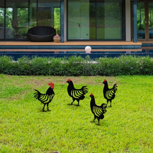 Set decoratiuni pentru gradina, chicken family / 4, metal, negru