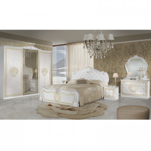 Set dormitor vilma, 6 piese, pat 160x200 cm, dulap 6 usi, comoda, oglinda, 2 noptiere, alb + auriu