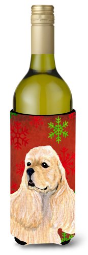 Caroline`s treasures buff cocker spaniel red green fulgi de nea de crăciun sticla de vin hugger roşu wine bottle
