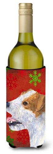 Caroline`s treasures jack russell terrier red green fulgi de zăpadă de vacanță de crăciun sticla de vin hugger roşu wine bottle
