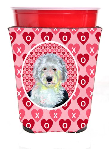 Caroline`s treasures old english sheepdog hearts love and valentine`s day portrait red cup hugger roşu red solo cup