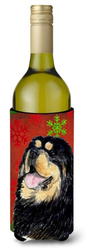 Caroline`s treasures tibetan mastiff red green snowflake crăciun sticla de vin hugger roşu wine bottle
