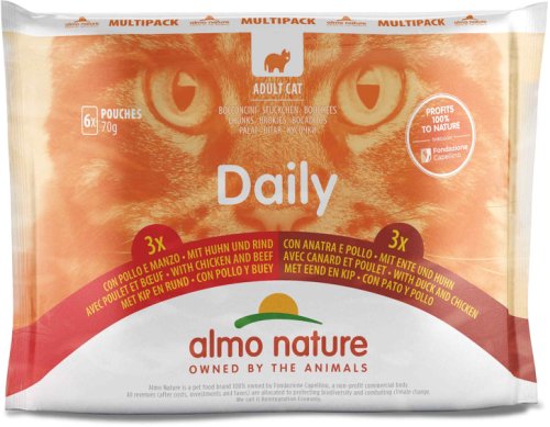 Almo nature daily pachet plicuri pisici, pui cu vită şi pui cu raţă 6x70g